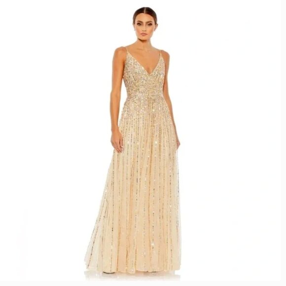Mac Duggal Gold Sequin Wrap Sleeveless Formal Gown Maxi Dress Size 8 - Picture 1 of 16